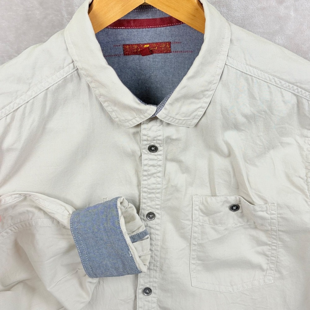 7 For All Mankind Denim Shirt Size L Mens Beige Long Sleeve Button Up Flip Cuff